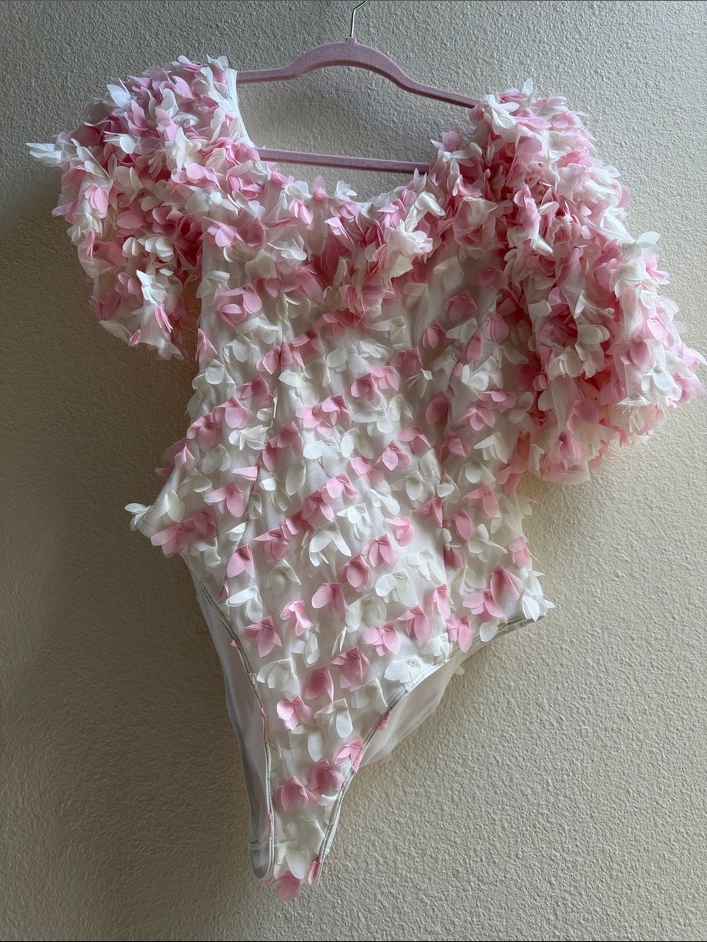 White and Pink Floral Appliqué One-Shoulder Bodysuit